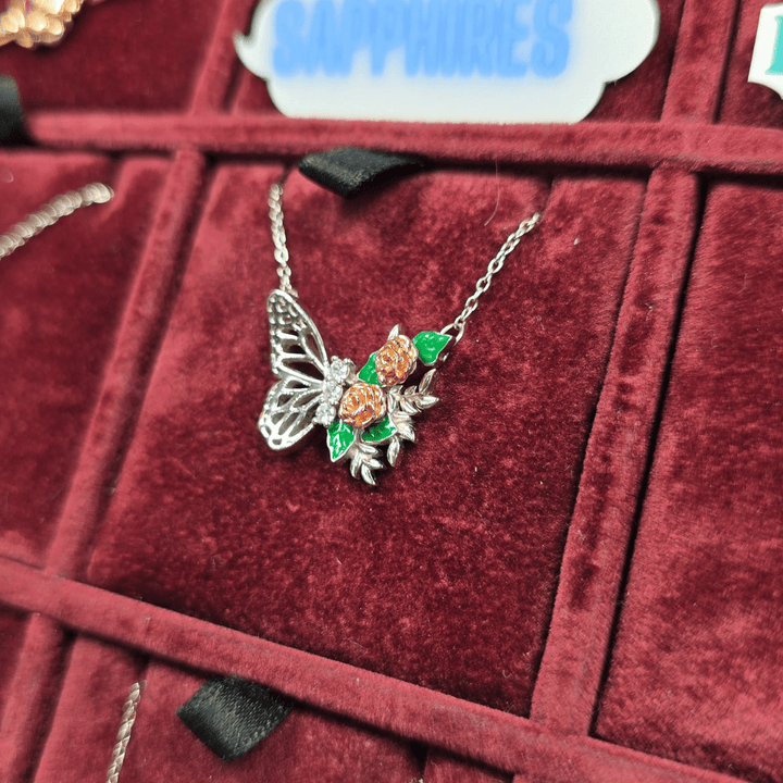 Bloom & Flutter: Butterfly and Rose Garden Necklace - Silver Signature - Necklace - Coastal Charm Creators