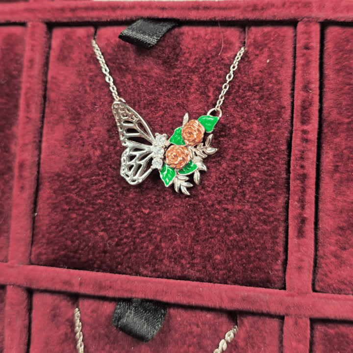 Bloom & Flutter: Butterfly and Rose Garden Necklace - Silver Signature - Necklace - Coastal Charm Creators