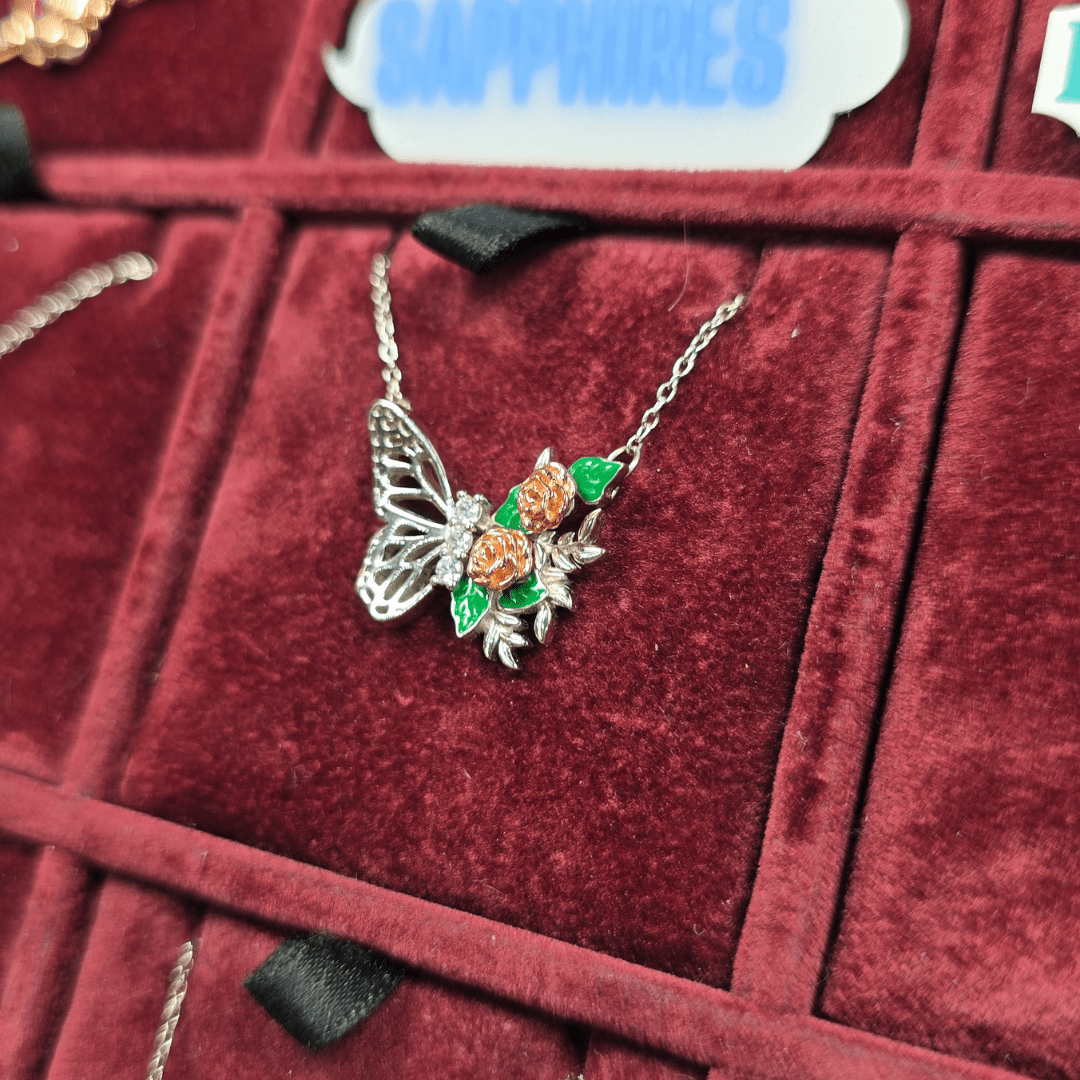 Bloom & Flutter: Butterfly and Rose Garden Necklace - Silver Signature - Necklace - Coastal Charm Creators