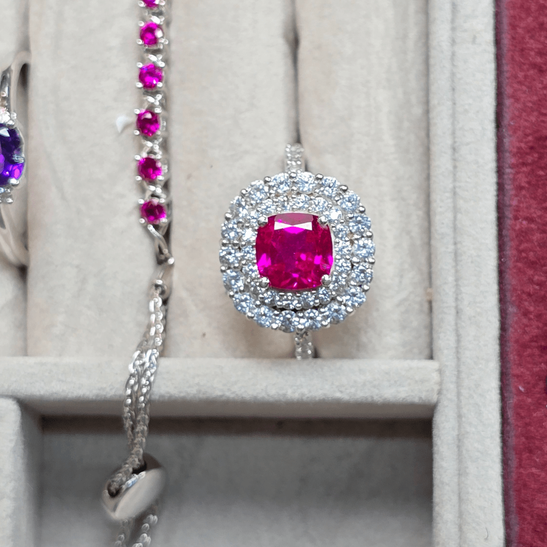 Cushion - Cut Ruby Ring with Double Halo of White Sapphire - Crown & Opal - Ring - Coastal Charm Creators