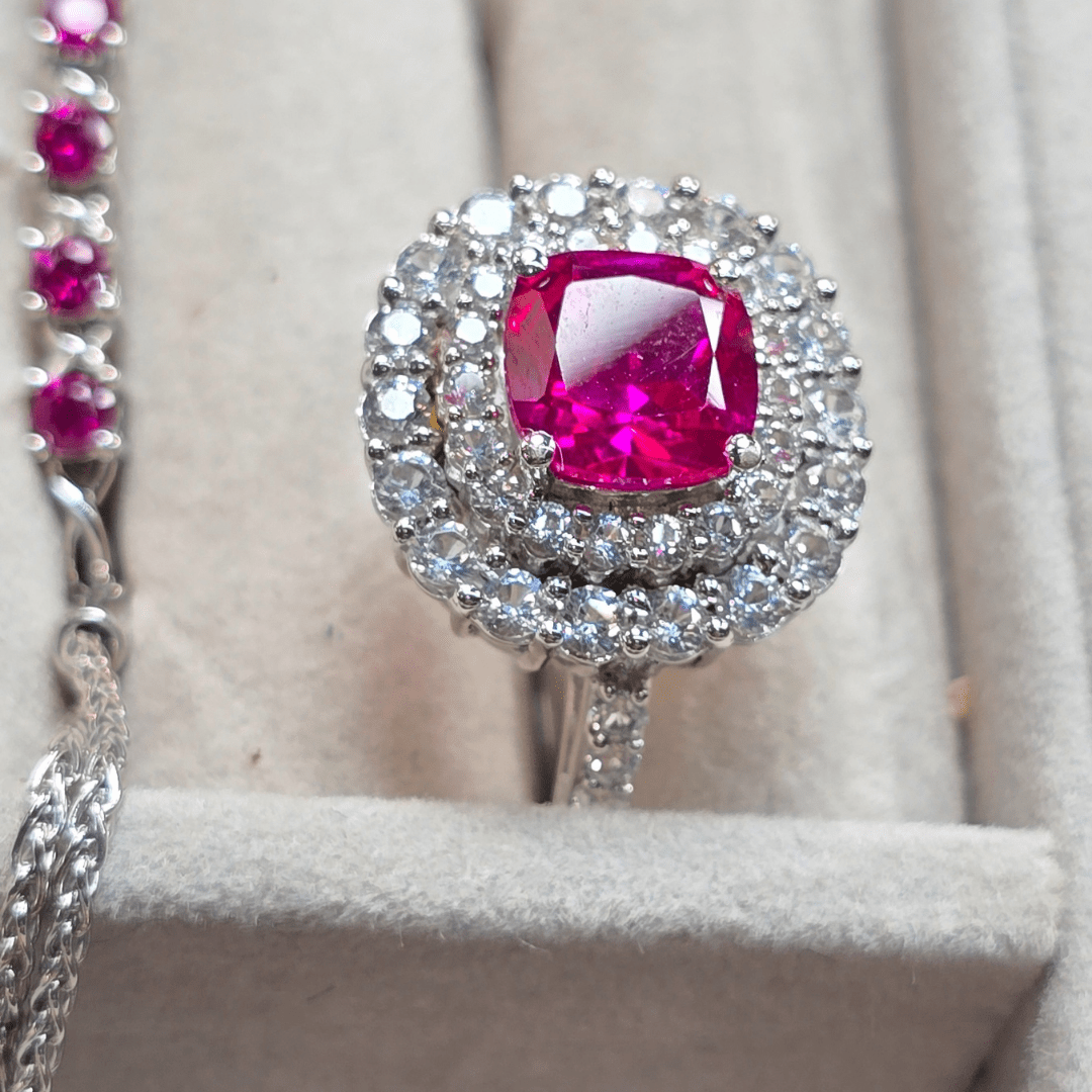 Cushion - Cut Ruby Ring with Double Halo of White Sapphire - Crown & Opal - Ring - Coastal Charm Creators