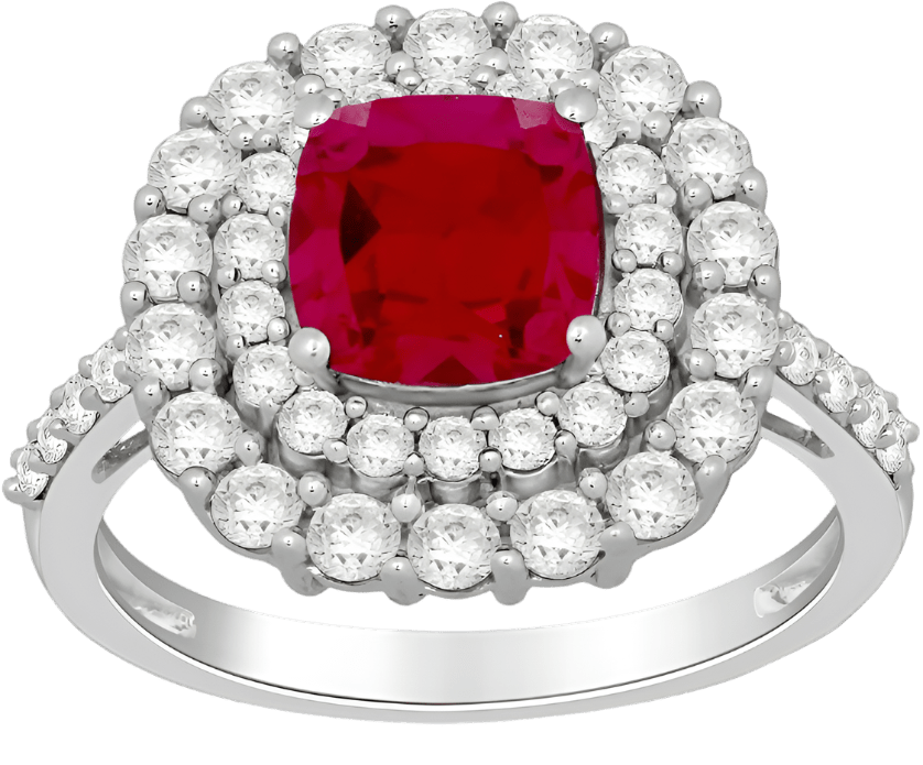 Cushion - Cut Ruby Ring with Double Halo of White Sapphire - Crown & Opal - Ring - Coastal Charm Creators