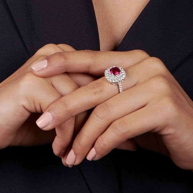 Cushion - Cut Ruby Ring with Double Halo of White Sapphire - Crown & Opal - Ring - Coastal Charm Creators