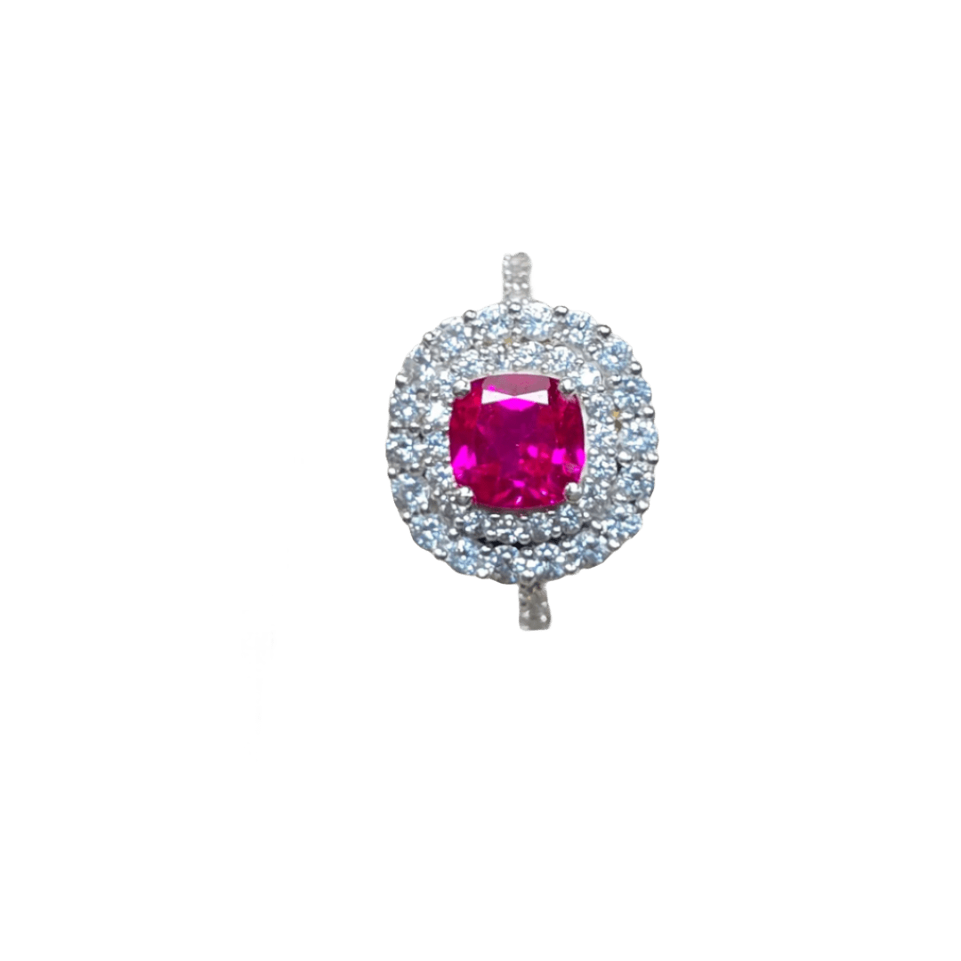 Cushion - Cut Ruby Ring with Double Halo of White Sapphire - Crown & Opal - Ring - Coastal Charm Creators