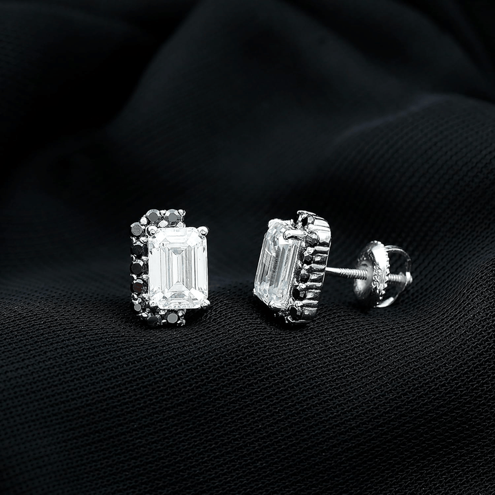 Emerald - Cut Moissanite with Black Diamond Halo Earrings - Diamond Dew - Earrings - Coastal Charm Creators