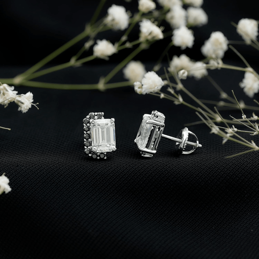 Emerald - Cut Moissanite with Black Diamond Halo Earrings - Diamond Dew - Earrings - Coastal Charm Creators