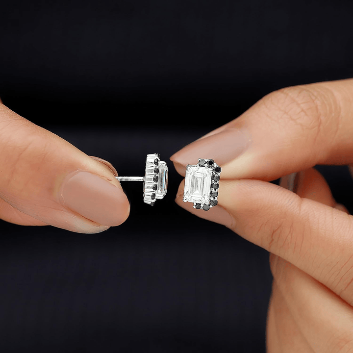 Emerald - Cut Moissanite with Black Diamond Halo Earrings - Diamond Dew - Earrings - Coastal Charm Creators