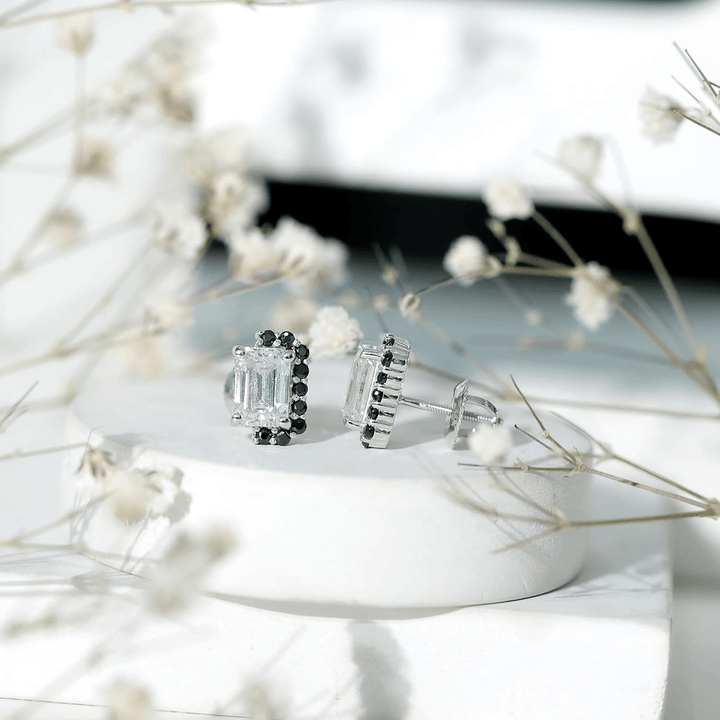 Emerald - Cut Moissanite with Black Diamond Halo Earrings - Diamond Dew - Earrings - Coastal Charm Creators