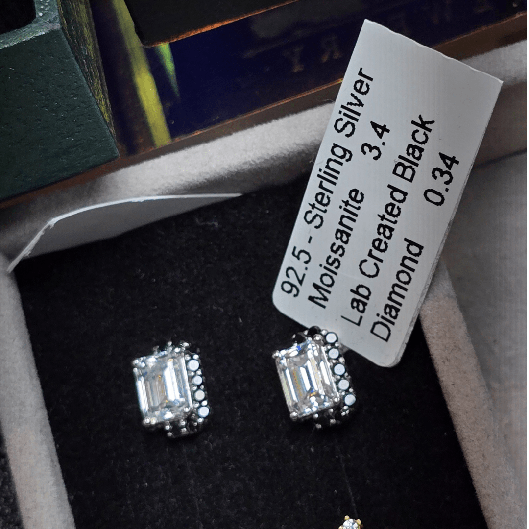 Emerald - Cut Moissanite with Black Diamond Halo Earrings - Diamond Dew - Earrings - Coastal Charm Creators