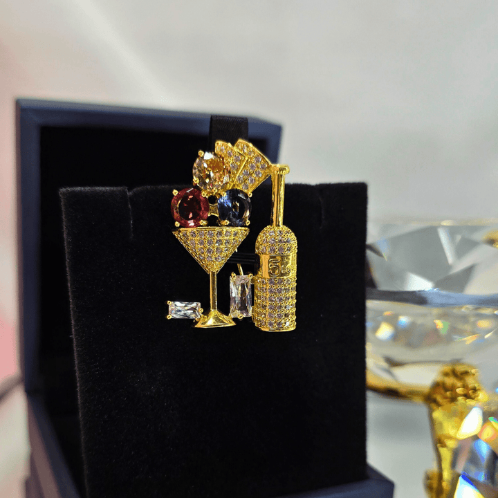 Golden Luxe Cocktail & Champagne Pave Brooch - Crown & Opal - Brooches - Coastal Charm Creators