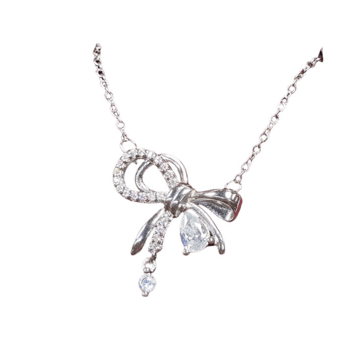 Graceful Glamour: Zircon Bow Pendant Necklace - Silver Signature - Necklace - Coastal Charm Creators