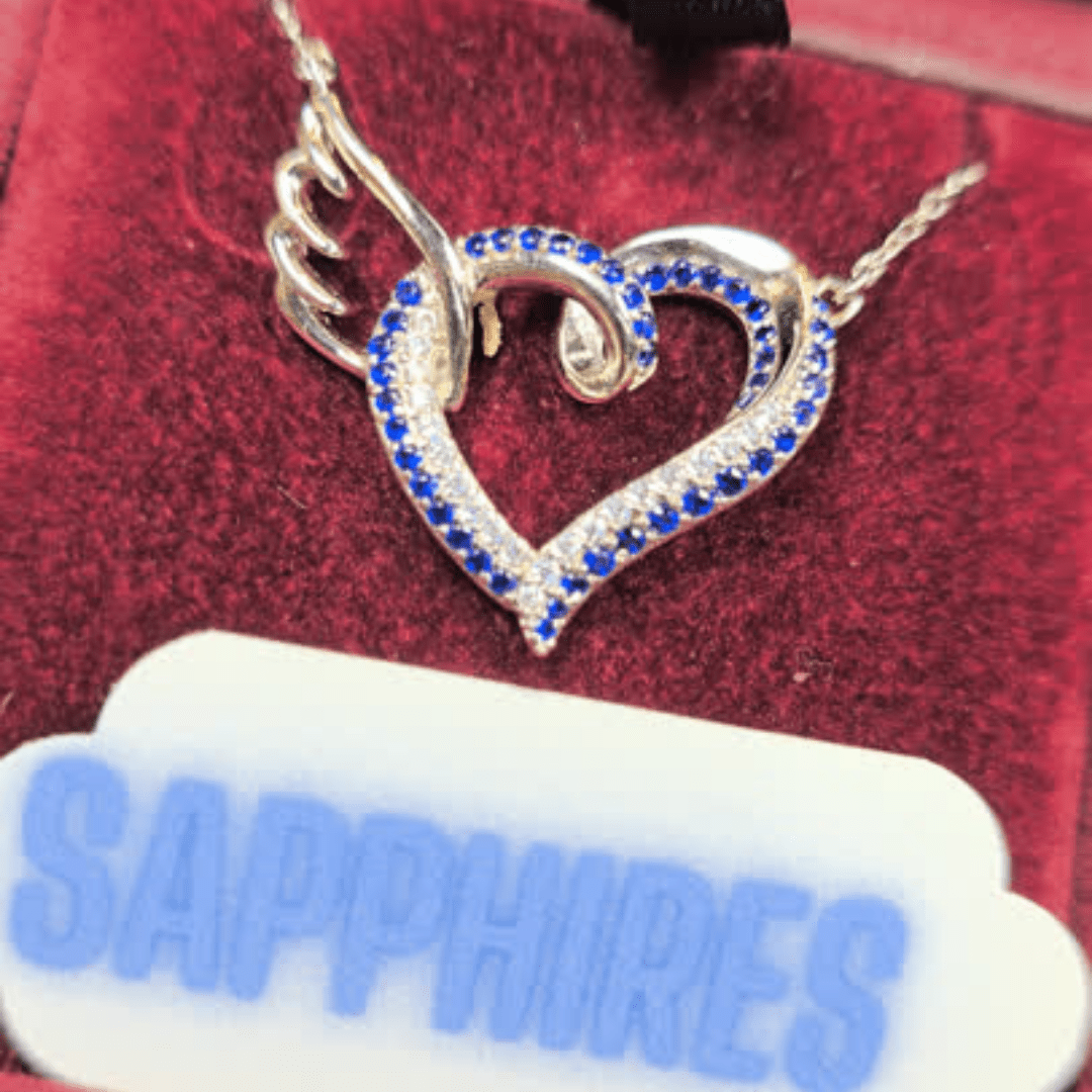 Heavenly Love: Sapphire Angel Wing Heart Necklace - Crown & Opal - Necklace - Coastal Charm Creators