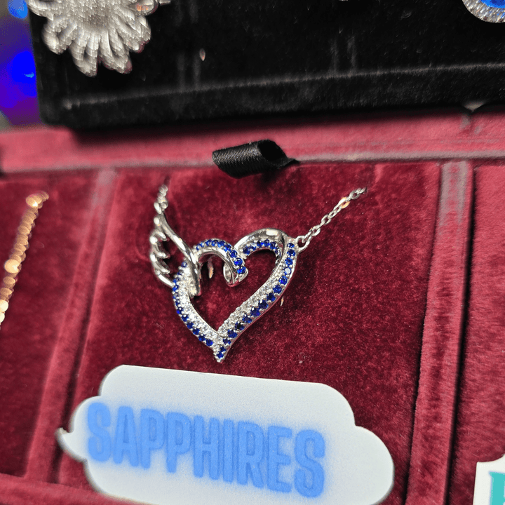 Heavenly Love: Sapphire Angel Wing Heart Necklace - Crown & Opal - Necklace - Coastal Charm Creators