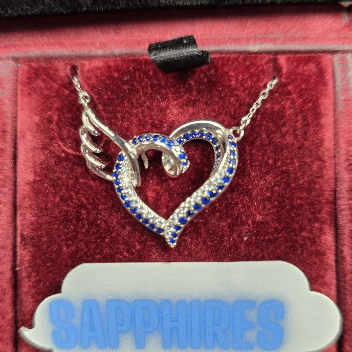 Heavenly Love: Sapphire Angel Wing Heart Necklace - Crown & Opal - Necklace - Coastal Charm Creators