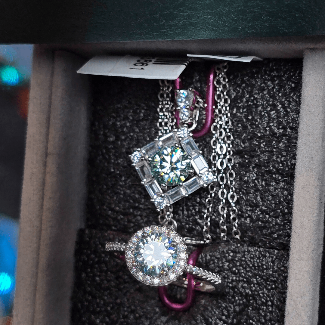 Moissanite Halo Ring & Square - Cut Pendant – Luxury Jewelry Set - Diamond Dew - Jewelry Set - Coastal Charm Creators