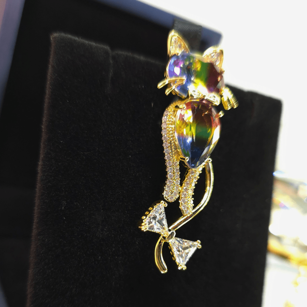 Mystic Rainbow Cat Brooch - Crown & Opal - Brooches - Coastal Charm Creators