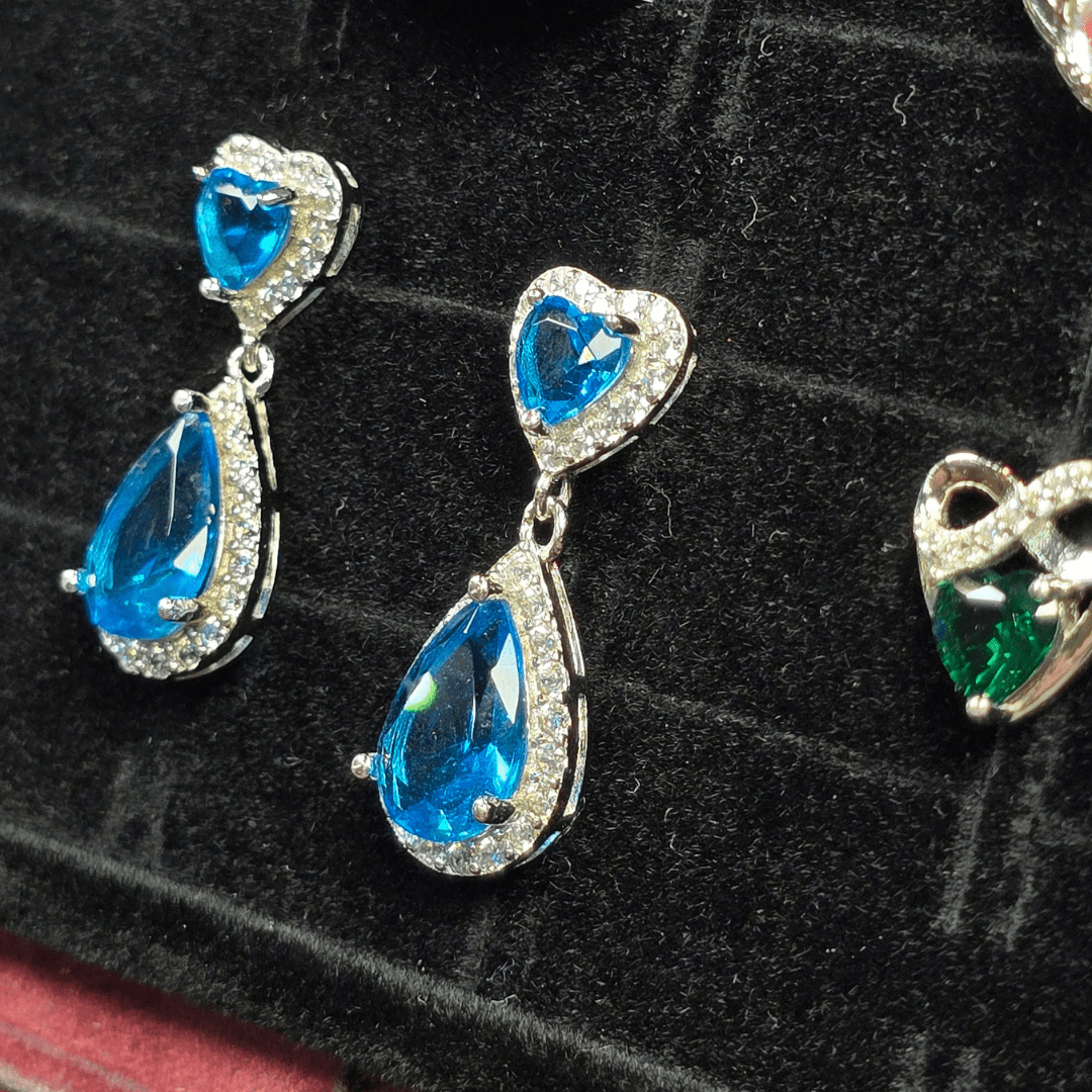 Ocean's Elegance: Blue Heart & Teardrop Dangle Earrings - Silver Signature - Earrings - Coastal Charm Creators