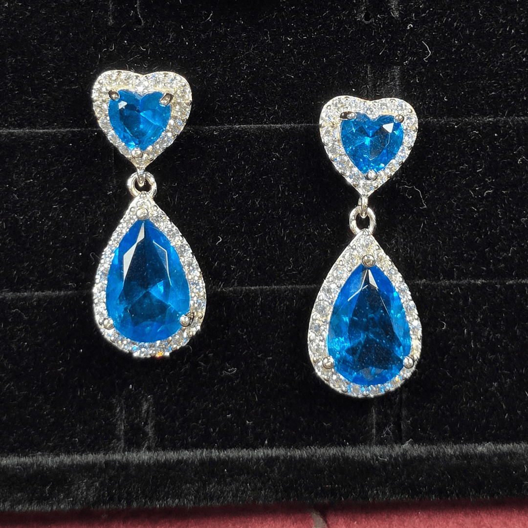 Ocean's Elegance: Blue Heart & Teardrop Dangle Earrings - Silver Signature - Earrings - Coastal Charm Creators