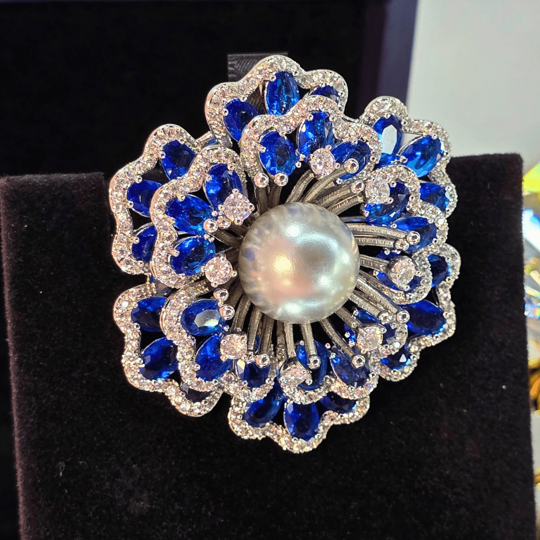 Regal Radiance Pearl & Sapphire Brooch - Crown & Opal - Brooches - Coastal Charm Creators