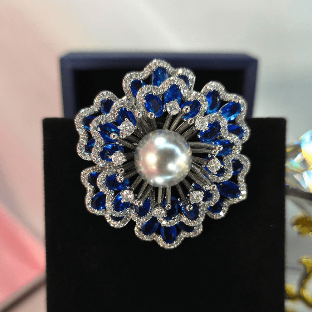 Regal Radiance Pearl & Sapphire Brooch - Crown & Opal - Brooches - Coastal Charm Creators