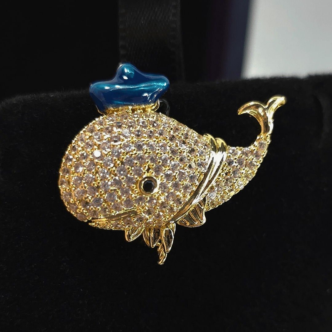 Regal Sea Pave Whale Brooch - Crown & Opal - Brooches - Coastal Charm Creators