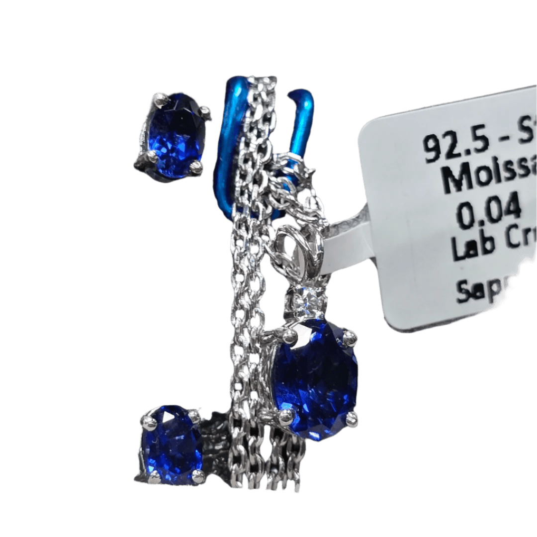 Royal Radiance: Sapphire & Moissanite Pendant & Earring Set - Crown & Opal - Jewelry Set - Coastal Charm Creators