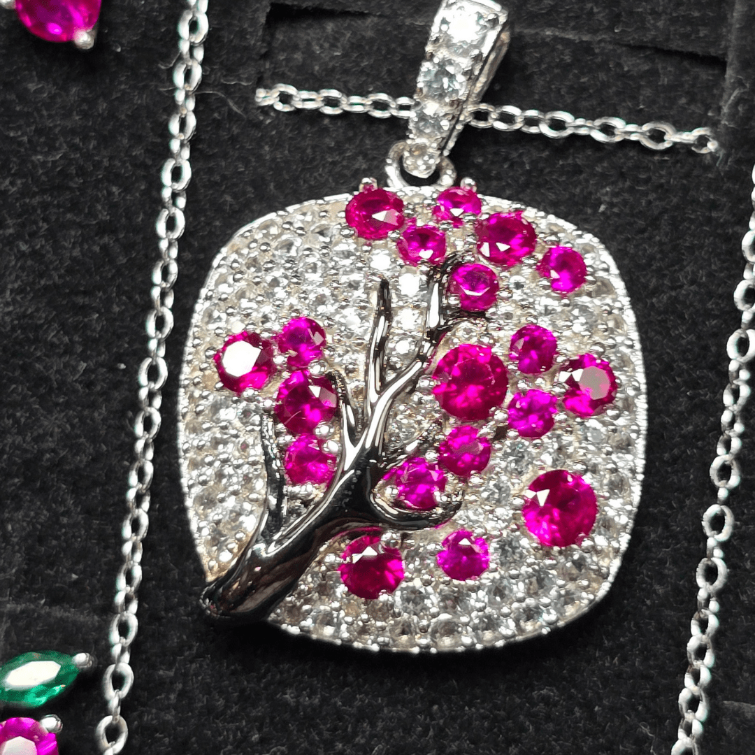 Ruby Blossom Tree Pendant Necklace - Crown & Opal - Necklace - Coastal Charm Creators