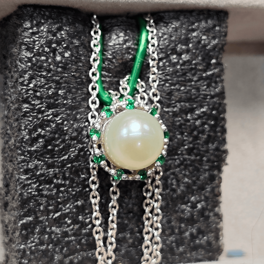 Timeless Elegance: Pearl & Emerald Halo Pendant Necklace - The Pearls - Necklace - Coastal Charm Creators