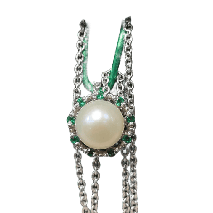 Timeless Elegance: Pearl & Emerald Halo Pendant Necklace - The Pearls - Necklace - Coastal Charm Creators