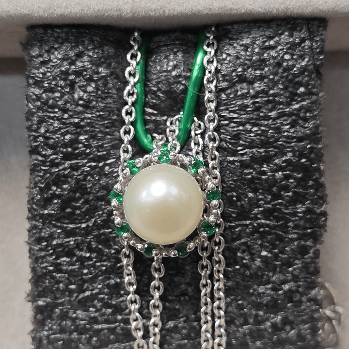 Timeless Elegance: Pearl & Emerald Halo Pendant Necklace - The Pearls - Necklace - Coastal Charm Creators