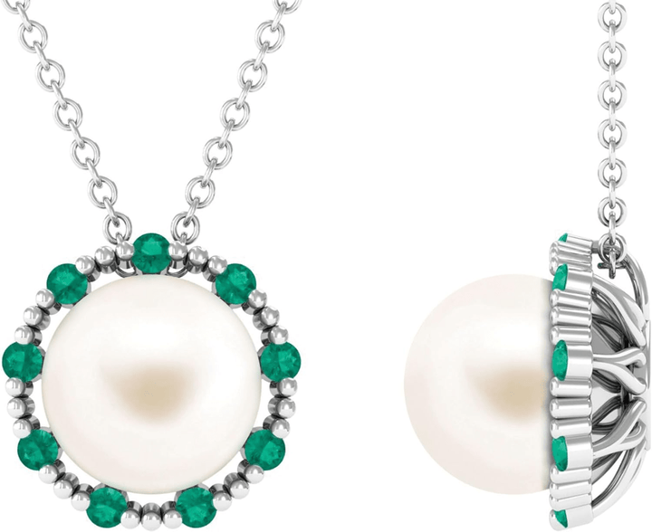 Timeless Elegance: Pearl & Emerald Halo Pendant Necklace - The Pearls - Necklace - Coastal Charm Creators