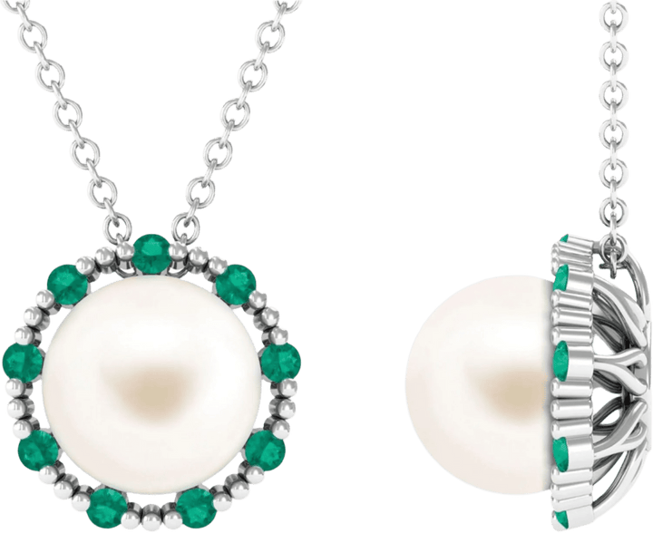 Timeless Elegance: Pearl & Emerald Halo Pendant Necklace - The Pearls - Necklace - Coastal Charm Creators